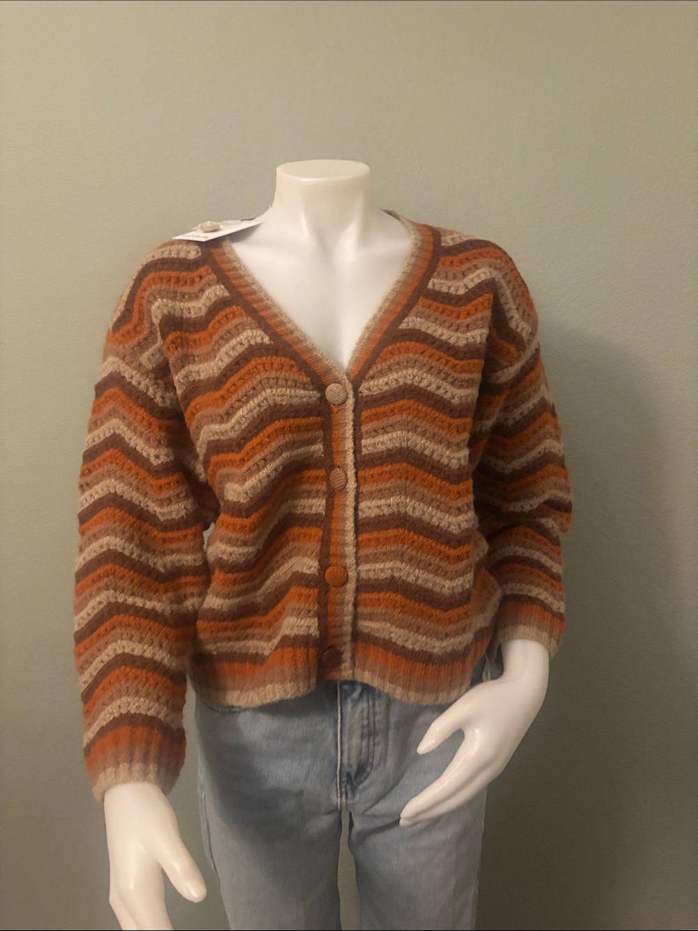 Sugarlips Striped V-Neck Button Cardigan - Brown, Orange, Cream